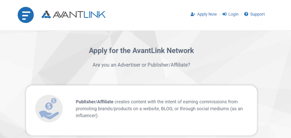 Avantlink affiliate program sign up page