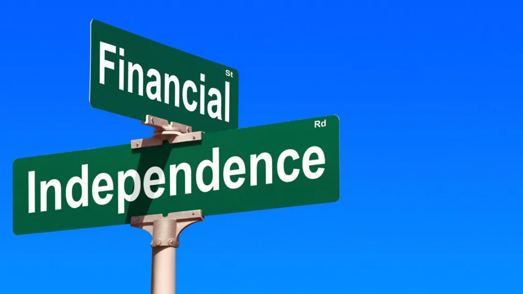 A road sign labelled "Financial Independence"